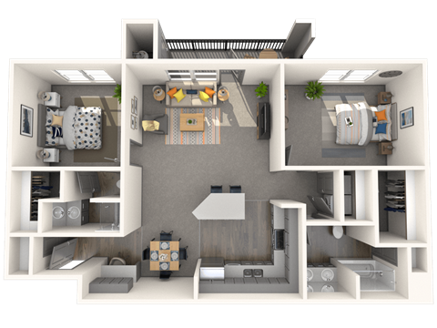 Floor plan for 2 beds, 2 baths, 1039 sqft
